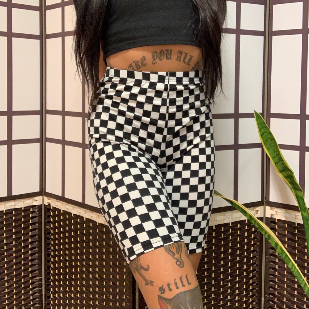 black and white checkered high waisted biker shorts, size medium